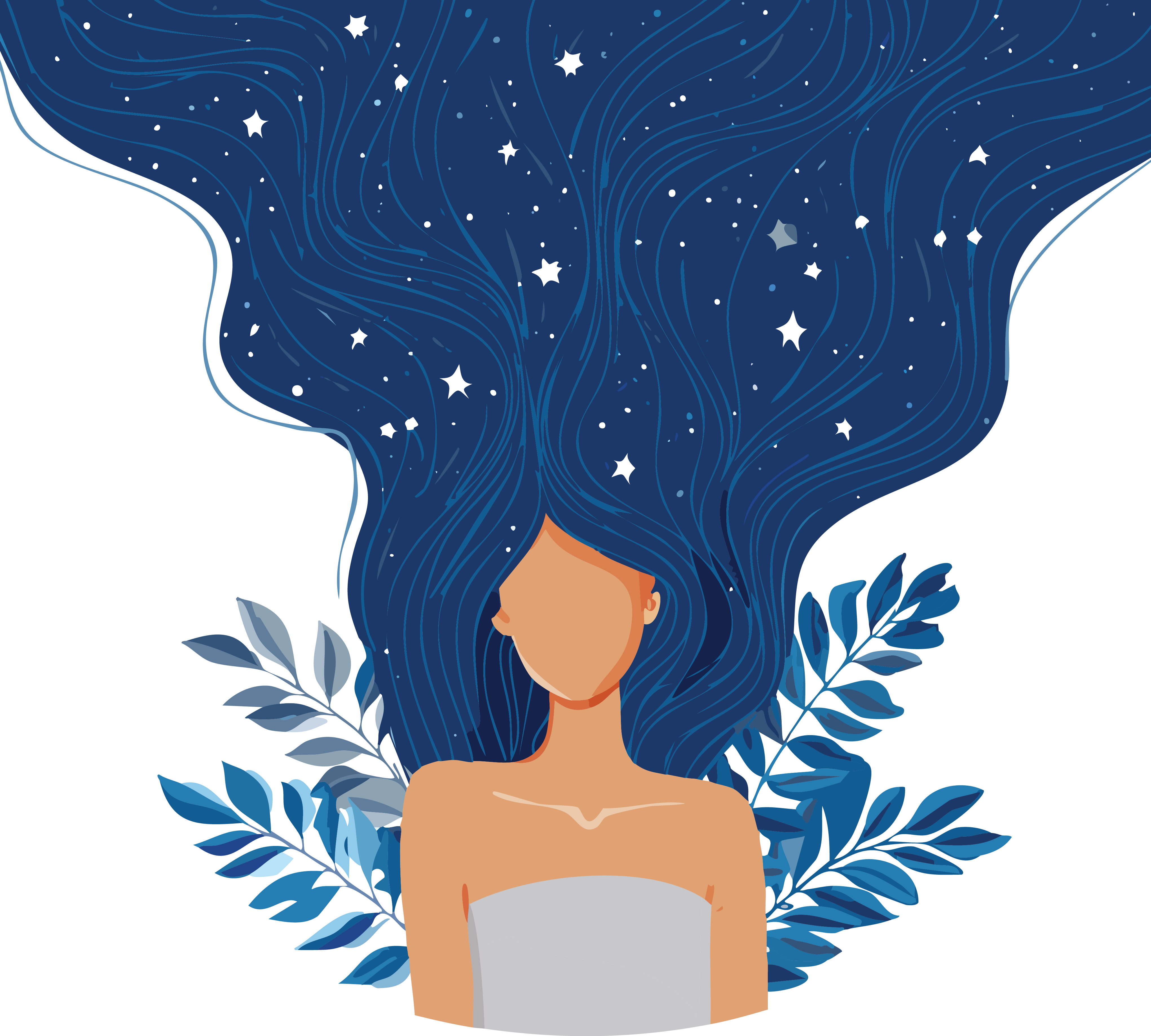 Dreamy image of a faceless woman with night blue hair sprinkled with stars.